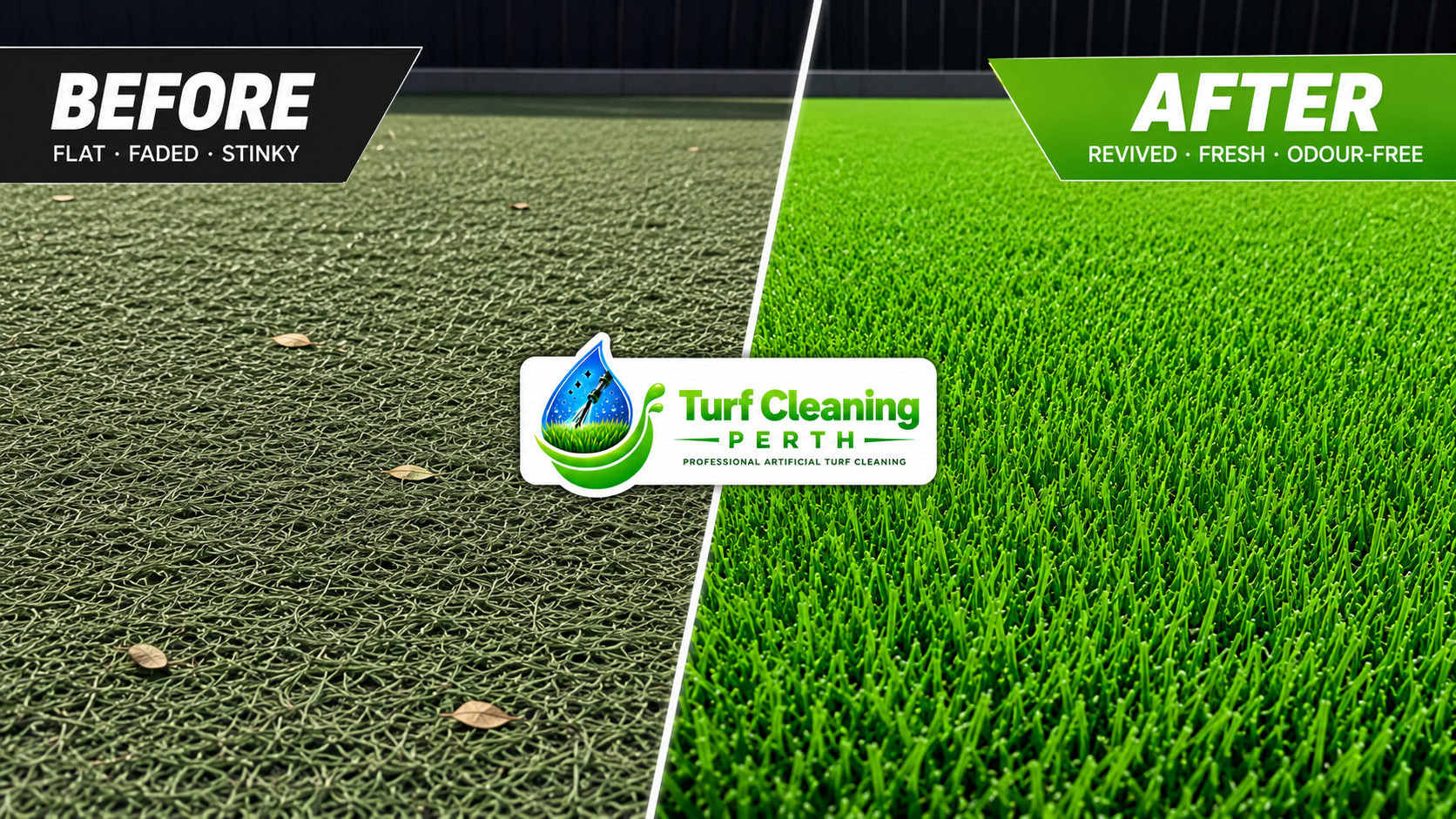 Artificial turf before and after professional cleaning, flat and faded turf transformed to revived, fresh, odour-free turf